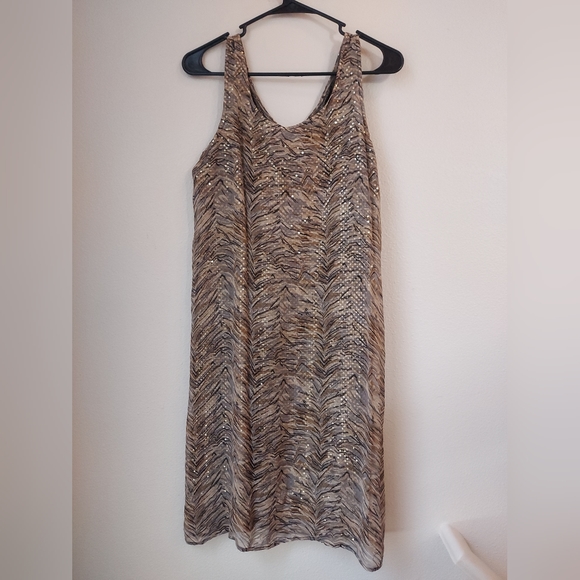 Robbie Bee Layered Sequins Under Silk Chiffon Animal Print Tshirt Dress, Size 12 - Picture 3 of 8